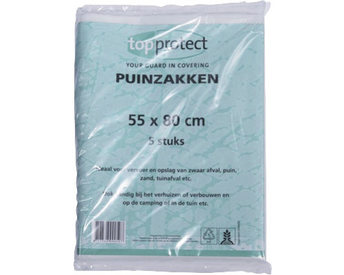 Puinruimzakken PE 55 x 80 cm 46 liter, 5 stuks Verpakking met vijf puinzakken, afmeting 55 bij 80 centimeter