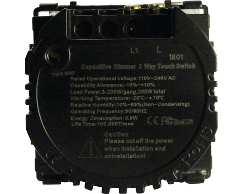 Achterkant capacitieve dimmer tweeweg touchschakelaar met technische gegevens