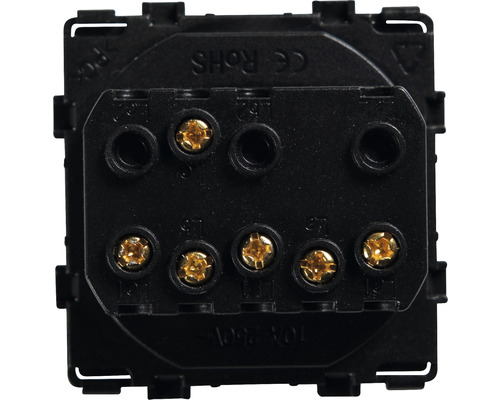 Achteraanzicht van een zwarte schakelaar met schroefklemmen