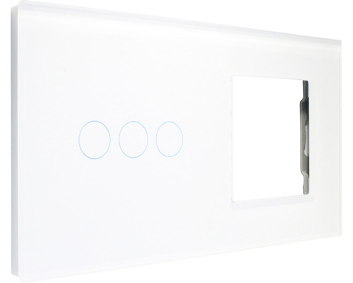 ONE TWO TOUCH Bedieningspaneel glas combinatie 1x afdekraam/1x touch triple wit Witte lichtschakelaar met drie ronde touchvelden en een uitsparing voor een schakelinzet