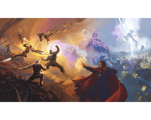 KOMAR Fotobehang vlies IADX10-076 Avengers Epic Battles Two Worlds 500x280 cm Illustratie van een gevechtsscène met verschillende superhelden en schurken