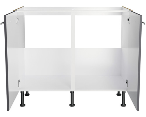 Keukenkast met open deuren en zwarte poten