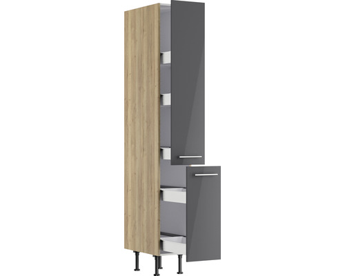 Keukenhoge kast met uittrekelementen, grijze deuren en poten