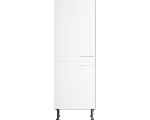 Witte badkamer hoge kast met twee deuren en metalen handgrepen