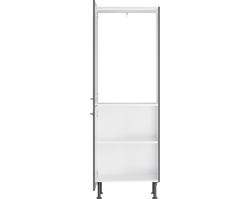 Open hoge grijze kast met planken en kledingroede