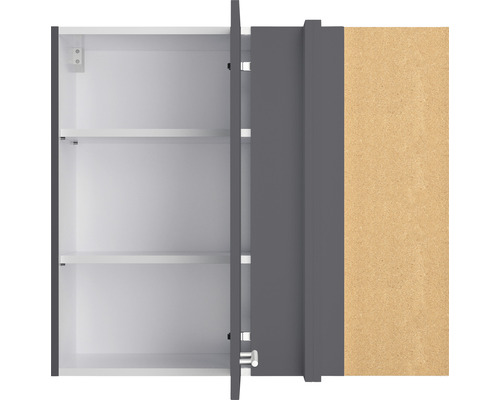 Openstaande grijze spiegelkast met twee planken