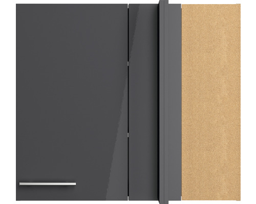 Detailopname van een keukenkast met grijze deur en zilverkleurige handgreep