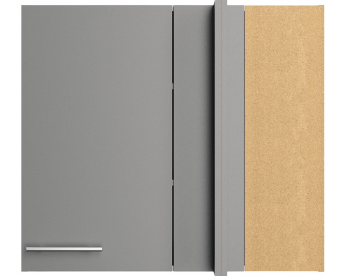 Detailaanzicht van een grijze badkamerkast met handgreep