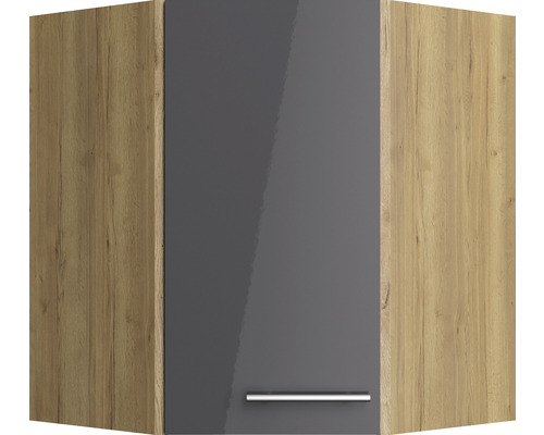 Hoekkast met grijze hoogglans deur en houten structuur