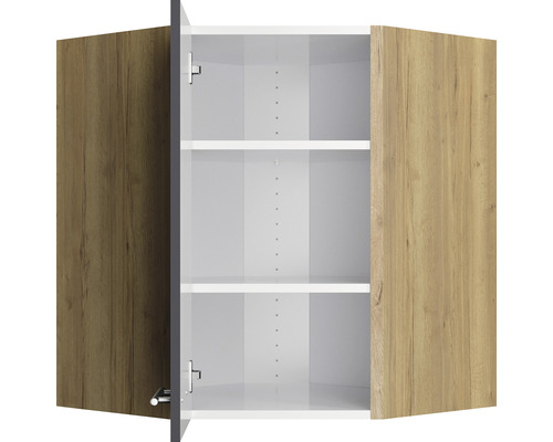 Open wandkast met houten deuren en twee witte planken