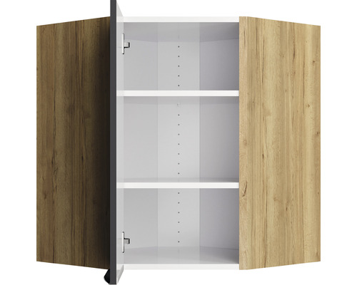 Open hangkast met twee planken en houten deuren