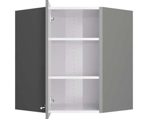 Grijze hoekkast voor wandmontage met twee planken