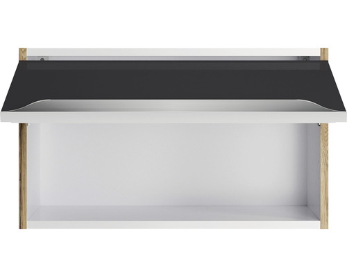 Wandkast met open, donkere deur en wit interieur