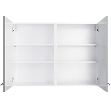 Open, witte badkamerkast met twee deuren en legplanken.