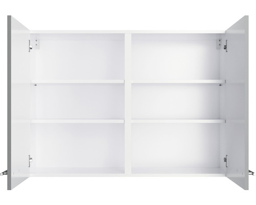 Open, witte badkamerkast met twee deuren en legplanken.