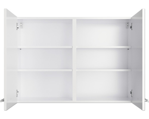 Witte hangkast met open deuren en interne planken.