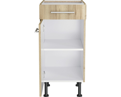 Wastafelonderkast met lade, open deur en twee planken