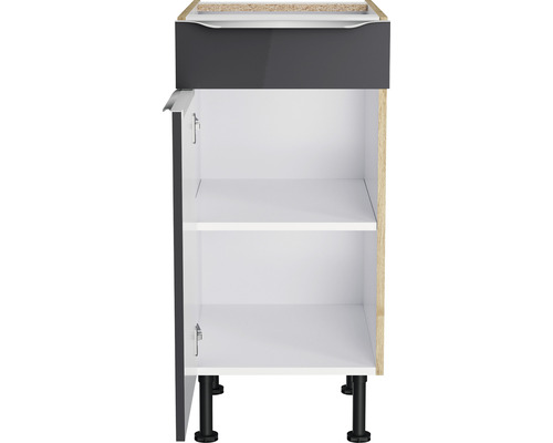 Keukenkast met lade, open deur en planken