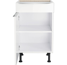 Witte onderkast met open deur en twee planken