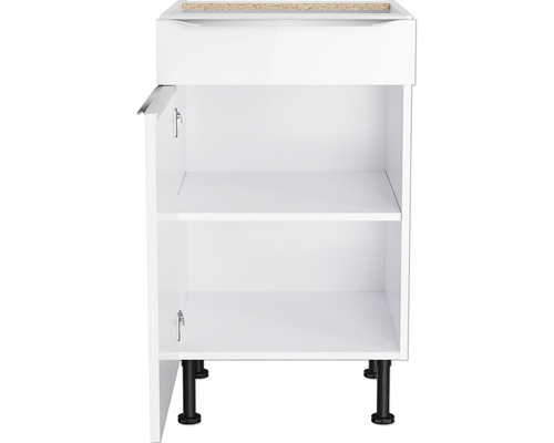 Witte onderkast met open deur en twee planken