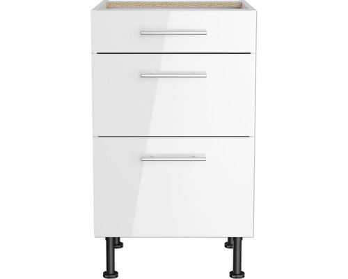 Witte onderkast met drie laden en zwarte poten.