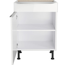 Witte onderkast met open deur en twee planken