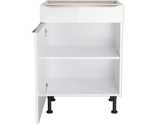 Witte onderkast met open deur en twee planken