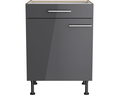 Grijze wastafelonderkast met lade en deur voor de badkamer.