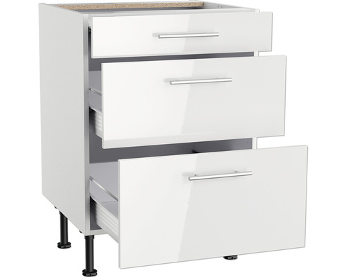 Keukenkast met drie laden en zilverkleurige handgrepen