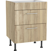 Wastafelonderkast met twee laden, houten decor en zwarte poten voor de badkamer.