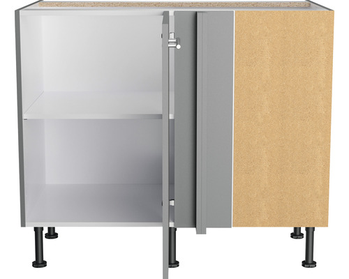 Onderkast met grijze deuren, open met plank