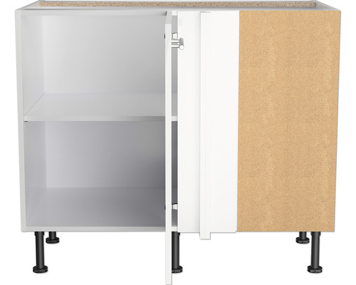 Witte onderkast met een open deur en twee legplanken