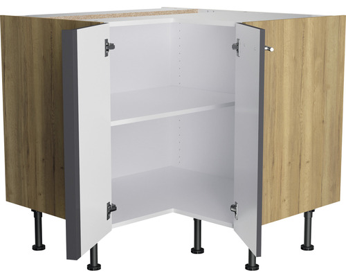 Hoekkast met legplanken en open deuren