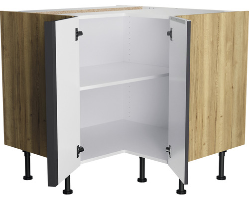 Hoekkast met twee open deuren en twee planken