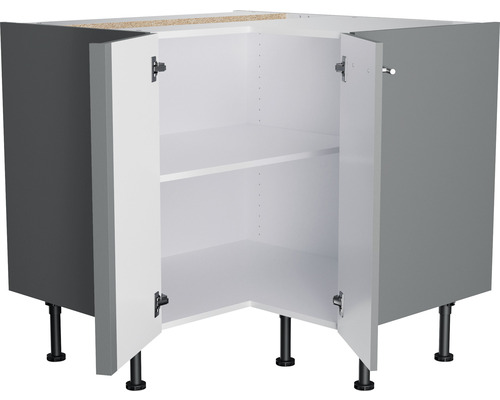 Hoekkast voor de keuken met twee legplanken en open deuren