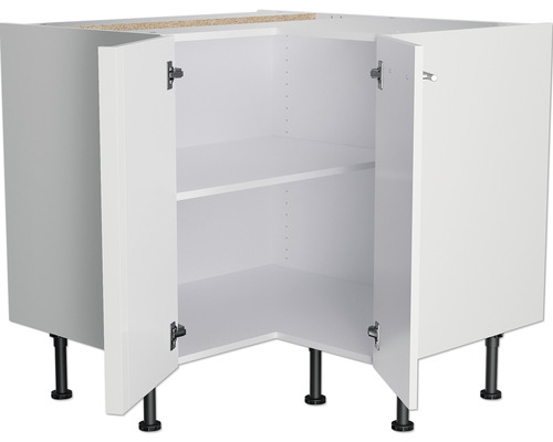 Witte hoekonderkast met twee open deuren en twee legplanken