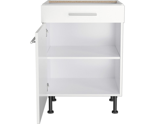 Onderkast met lade, open deur en zwarte sokkel