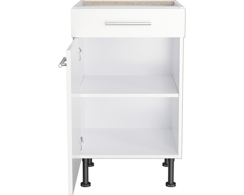 Onderkast met lade en open deur met plank