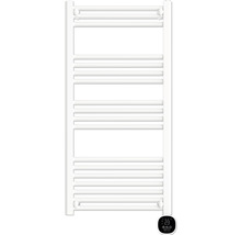 Witte handdoekradiator met digitale bediening voor badkamerontwerp.