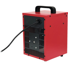 Achteraanzicht van een rode elektrische kachel met zwart handvat en stroomkabel