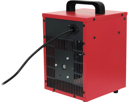 Achteraanzicht van een rode elektrische kachel met zwart handvat en stroomkabel