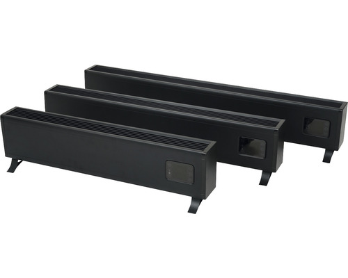 Drie zwarte elektrische radiatoren met poten