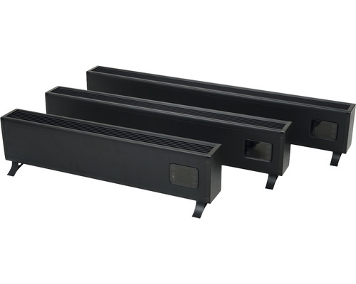 Drie zwarte convectoren van verschillende grootte met voeten.