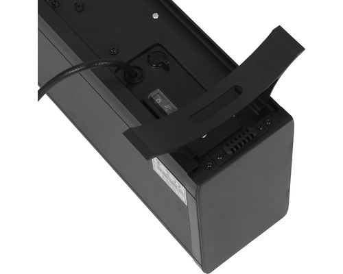 Achteraanzicht van een zwart verwarmingstoestel met kabel, aan/uit-schakelaar en beugel