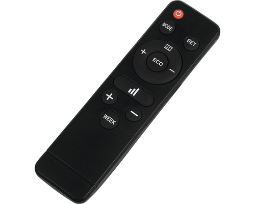 Zwarte afstandsbediening met meerdere knoppen.