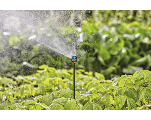 Tuinscene met gazonsproeier die planten besproeit