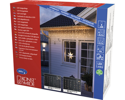 Konstsmide logo. LED ijspegelverlichting met 400 lampjes voor buiten.