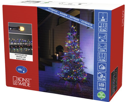 Verpakking van een lichtsnoer met veelkleurige LEDs, matte uiteinden en zwarte kabel voor buiten
