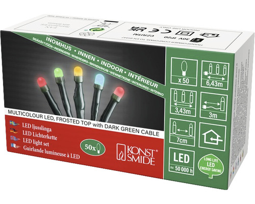 Verpakking van een meerkleurige led-lichtsnoer met donkergroene kabel voor gebruik binnenshuis
