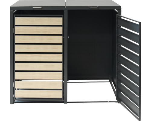 Afvalcontainerberging voor twee afvalcontainers met deur en klapdeksel